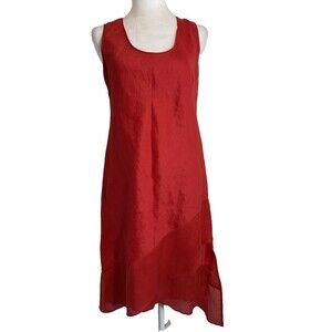 Sundance Red Linen Shift Midi Dress SMALL Asymmetrical Silk Hem Sleeveless